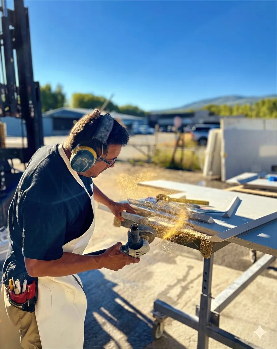 Expert craftsman edge-profiling a stone countertop slab