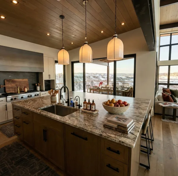 Quartz kitchen island mountain view Steamboat Springs